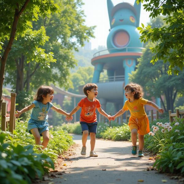 未来の公園で遊ぶ子供たちの笑顔