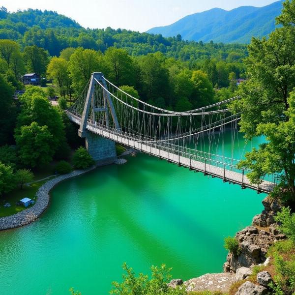 寸又峡の夢の吊り橋とエメラルドグリーンの湖